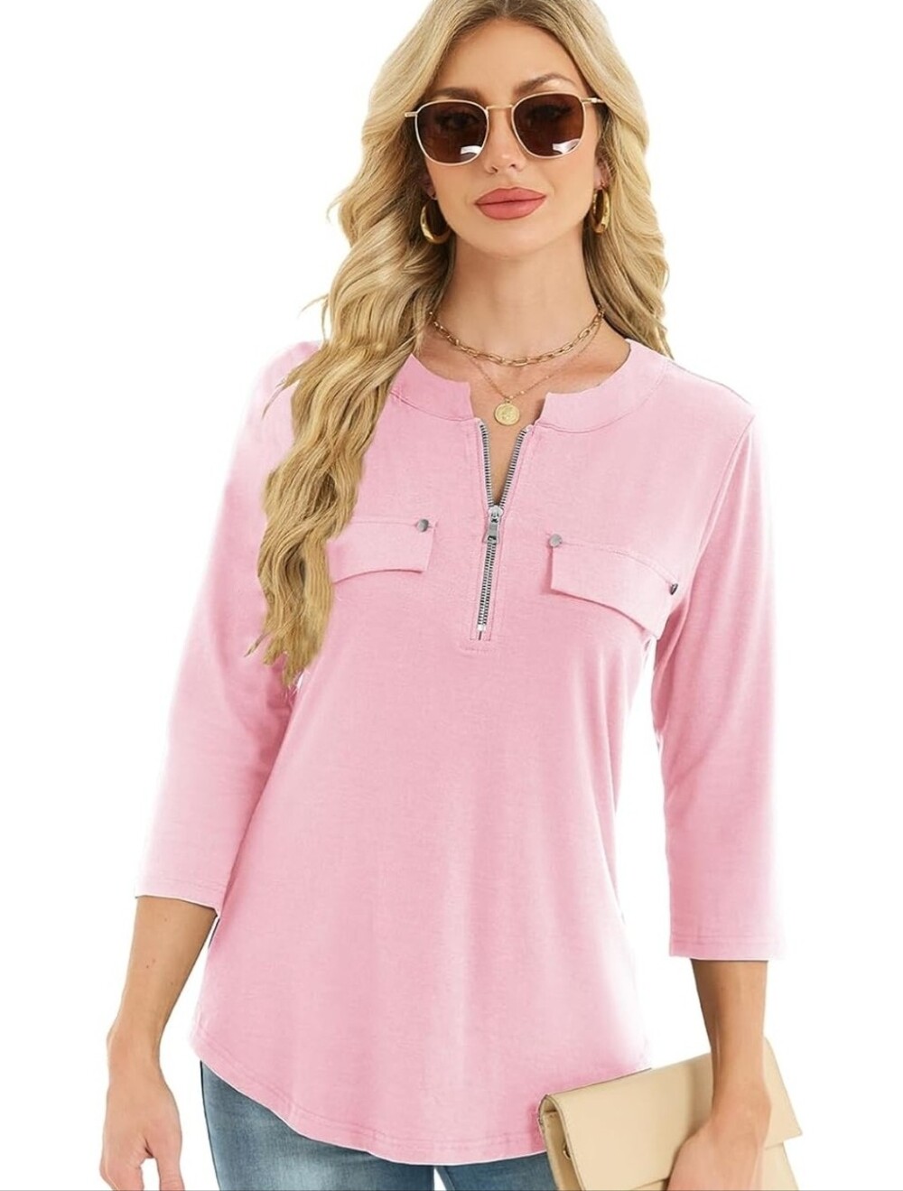 NWT Women's 3/4 Length Sleeve Tops Business Casual Shirts V Neck Work Tunic with